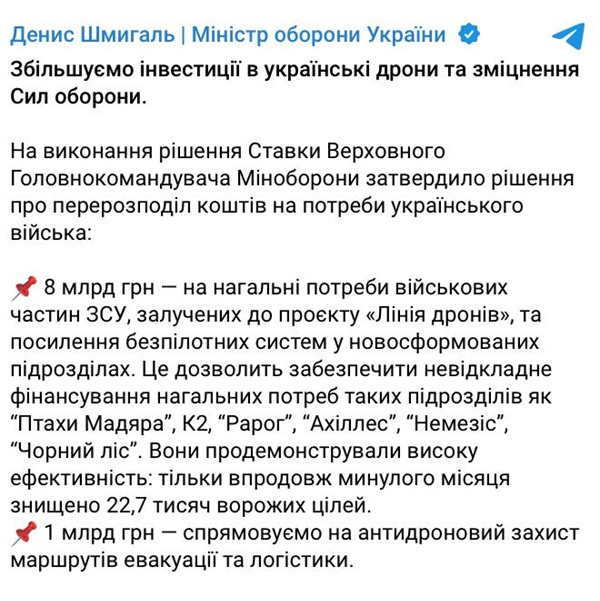 Міноборони України виділило 9 мільярдів гривень на БПЛА та логістику